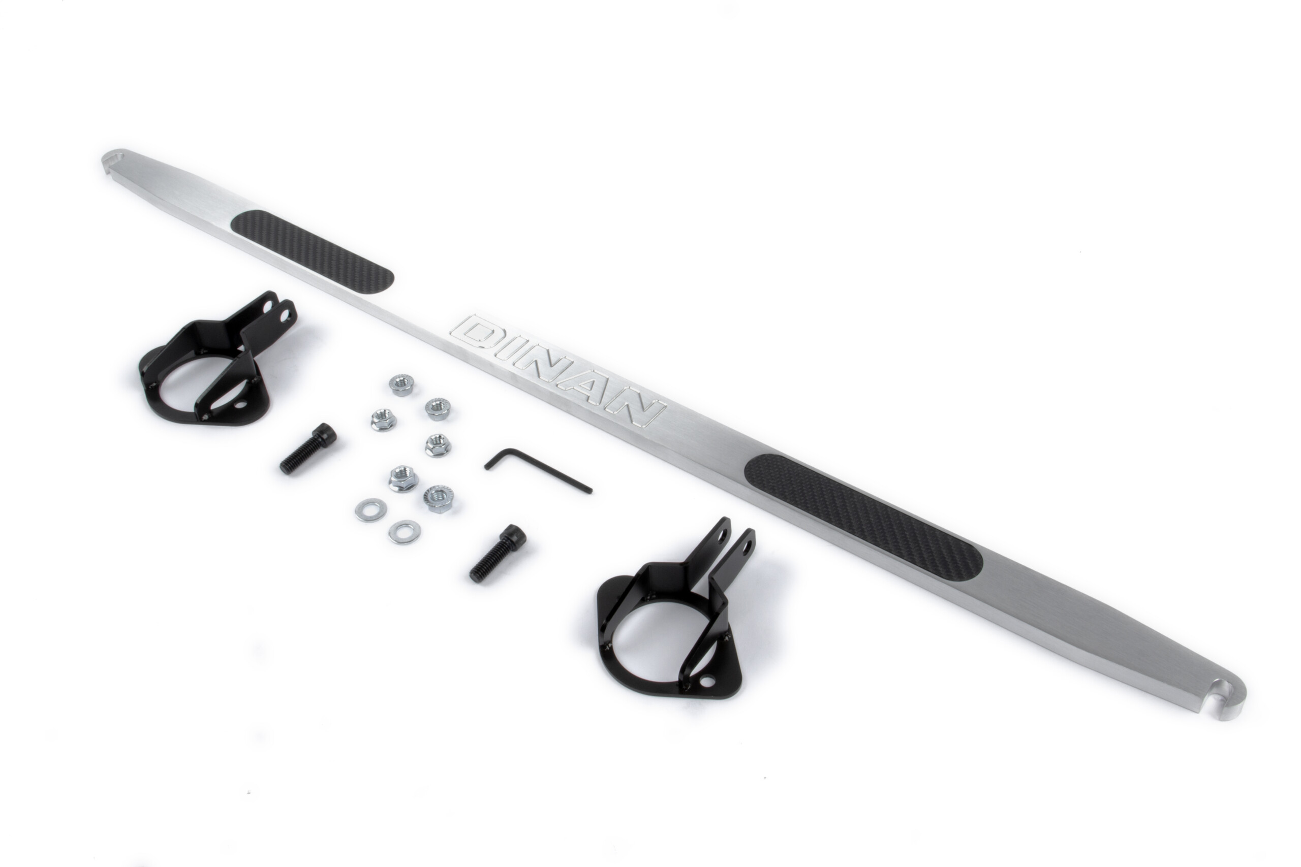 Dinan rear shock tower brace for bmw 3 series (e46) 1999-2006 - brushed aluminium with carbon inlays 1 D180-0461 - dinan rear shock tower brace for bmw 3 series (e46) 1999-2006 - brushed aluminium with carbon inlays